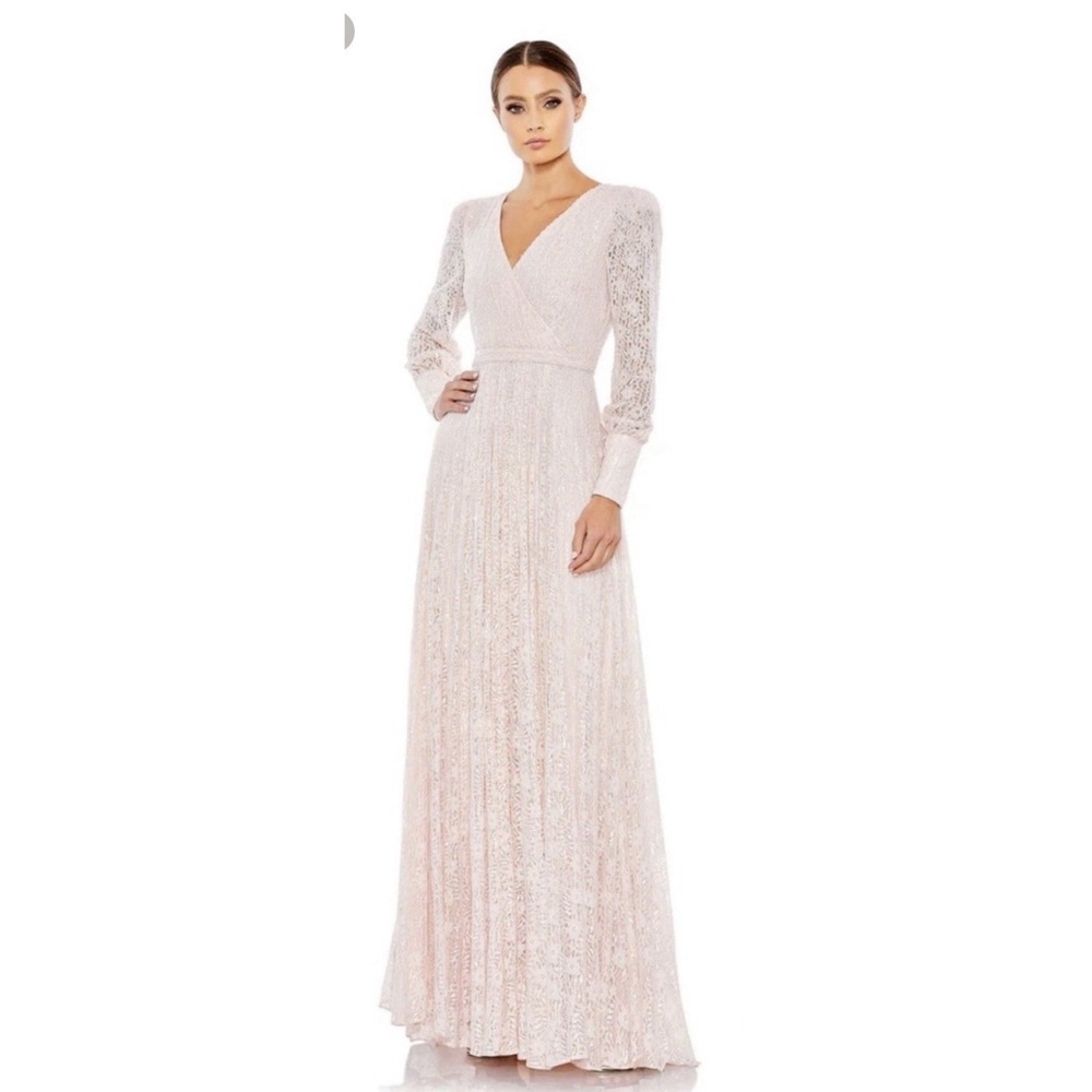 NWT‎ $798 Mac Duggal Beaded Lace Long Sleeve Wrap Over Gown 93679D